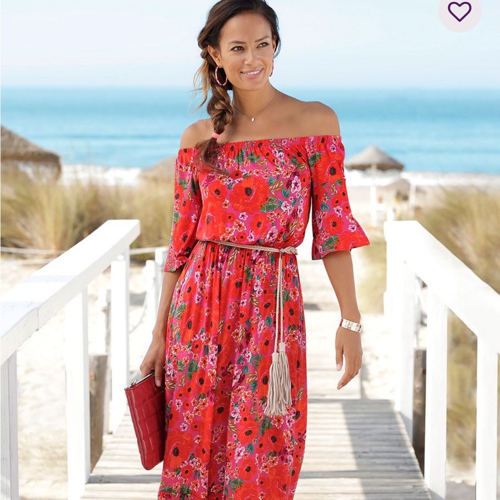 Floral Off-Shoulder Maxi Dress - Red